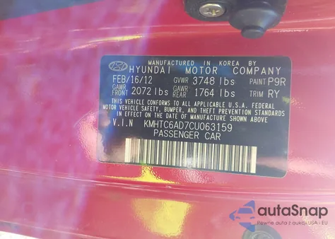 2012 Hyundai Veloster Base W/Red/Black z USA, uszkodzony, nr VIN KMHTC6AD7CU063159